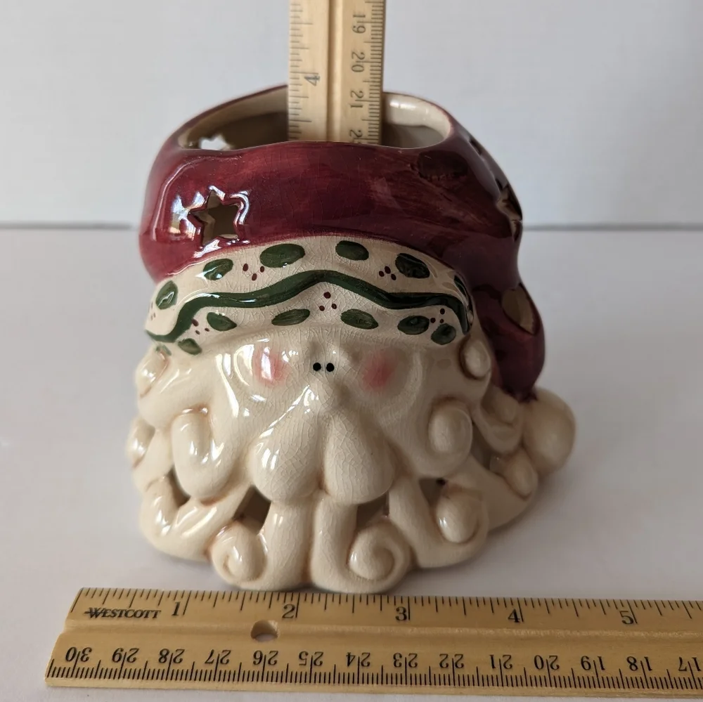 VTG Ceramic Santa Head Tea Light Votive Candle Holder W/Stars‎ And Tree Cut-Outs